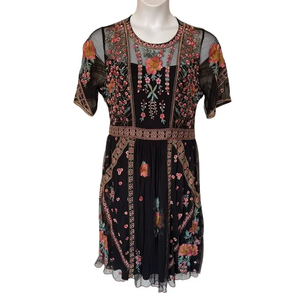 Sundance Roxanna Embroidered Mesh Dress Boho Fall Wedding Cocktail Dress size L